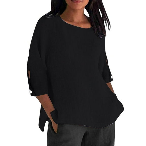 Seductiva Women's Classic-Fit 3/4 Sleeve Ladies' Fashionable Casual Cotton and Linen Sleeve Seven Quarter Sleeve Top Solid Basic Tees Trendy Tunic Blouses