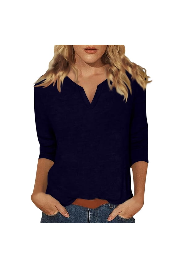 Women's Classic-Fit 3/4 Sleeve Short Sleeve Women Tops 2025 Spring Neck Casual Print Tunic T Shirts Women Tops Casual Solid Basic Tees Summer Casual Tee Tops