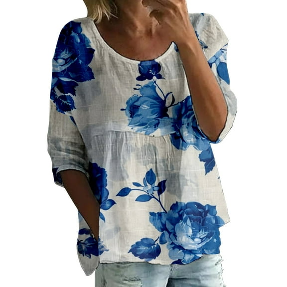 Seductiva Women's Classic-Fit 3/4 Sleeve Women Women's Floral Print T Shirt Half Sleeve Round Neck Shirt 3/4 Sleeve T Shirt Loose Large Size T Shirt Tees Slim Fit Blouses Tops Loose Tees