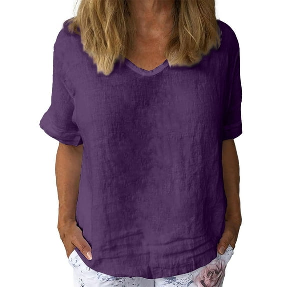 Seductiva Women's Classic-Fit Short Sleeve Women Cotton and Linen Flower Art Short Sleeve V Neck Clause Shirt Casual Dressy Fashion Trendy Clothes 2025 Summer Casual Tee Tops