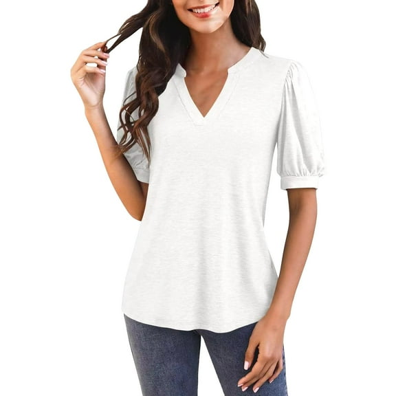 Seductiva Women's Classic-Fit Short Sleeve Women's Casual V Neck Puff Short Sleeve Tops Loose Tunic Blouse Casual Dressy Fashion Trendy Clothes 2025 Loose Fit Tees Blouses
