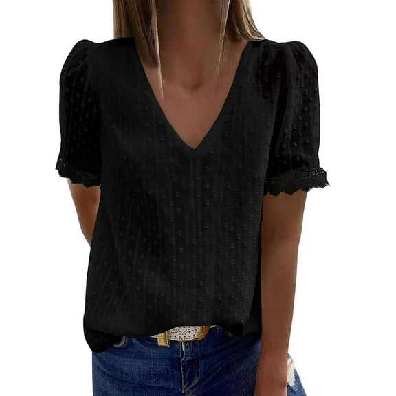 Seductiva Women's Classic-Fit Short Sleeve Women's V Neck Short Sleeve Lace Shirts Blouses Vintage Elegant Tunic Tops Casual Dressy Fashion Trendy Clothes 2025 Loose Fit T-shirt