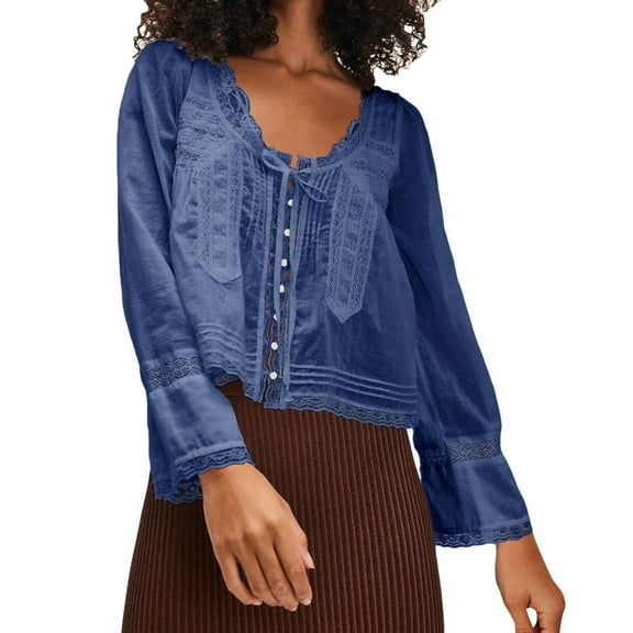 Seductiva Women's Dress Shirts Long Sleeve Women Long Sleeve Lace Blouse Tops Vacation Front Tie Solid Elegant Tops Wrinkle-Free Solid Work Blouse Comfy Casual Vacation