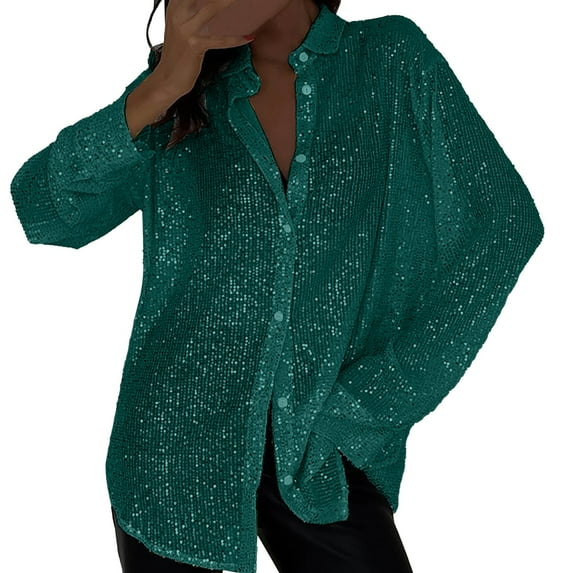 Seductiva Women's Dress Shirts Long Sleeve Women Women's Long Sleeve Fashionable Sequin Lapel Solid Color Casual Shirt Wrinkle-Free Solid Work Blouse Trendy Tunic Blouses