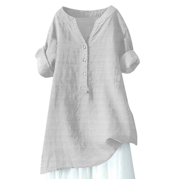 Seductiva Women's Dress Shirts Long Sleeve Women Women's Solid Color Simple Geometric Texture Semi Open Shirt Top Wrinkle-Free Solid Work Blouse Trendy Tunic Blouses