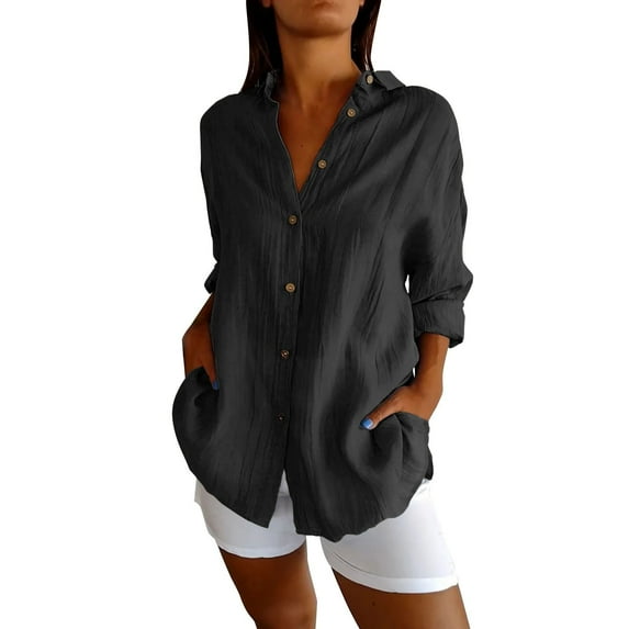 Seductiva Women's Dress Shirts Long Sleeve Women's Single Breasted Pleated Lapel Shirt independent Station Explosion Women's Solid Color Top Wrinkle-Free Solid Work Blouse Loose Fit Tees Blouses