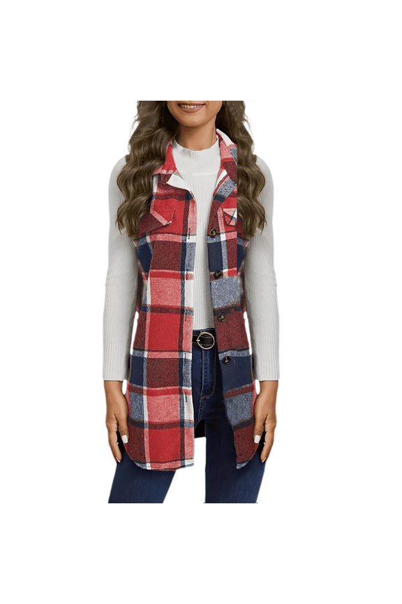Women's Flannel Plaid Lapel Neck Sleeveless Outerwear Vests, Button Front with Pockets Casual Jackets Women's Button Women Shirts Sleeveless Top Beach Vacation Clothes