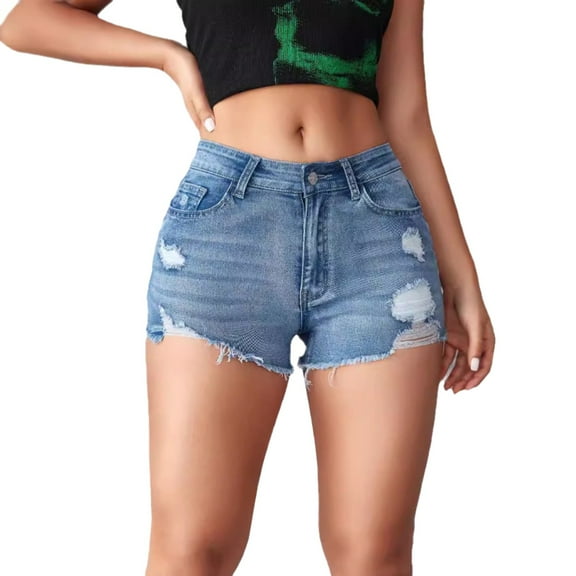 Seductiva Women's Jeans High Waisted Women's Denim Shorts High Waisted Ripped Stretchy Denim Hot Short Distressed Hem Jeans Shorts with Pockets Straight Leg Stretchy Jeans
