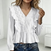 Seductiva Womens Lace Shirt Long Sleeve Eyelet Embroidery Blouse Loose Fit Solid Color Casual Beach Vacation Oversized Clothing Business Dressy Fashion Tops