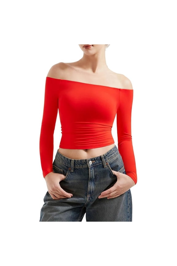 Women's Long Sleeve Cotton T-Shirt Long Sleeve off Shoulder Top Women's Y2K Crop Top Basic Long Sleeve Sports T Shirt off Shoulder Gym Top Women Business Casual Beach Vacation Workout