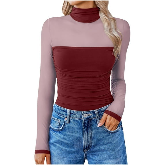 Seductiva Women's Long Sleeve Cotton T-Shirt Women Daily Under Shirt Mesh Top Long Sleeve Turtleneck Shirt Business Casual Beach Vacation Workout Womens Summer Tops