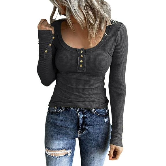 Shirts for Women Long Sleeve Henley T Shirts Button Down Slim Fit Tops Scoop Neck Ribbed Knit Shirts Winter Fall Clothes