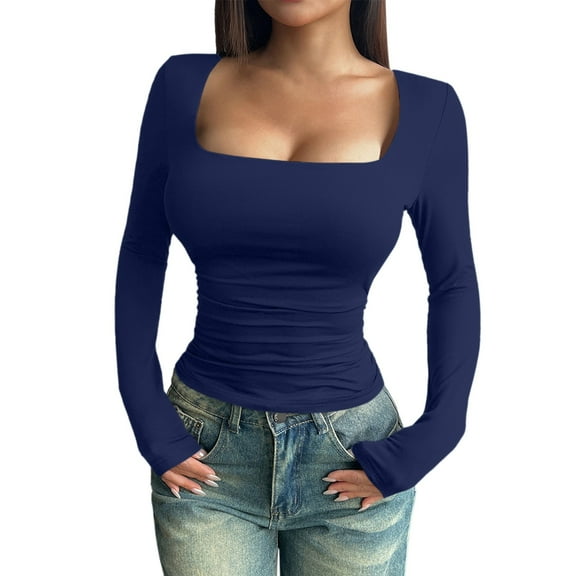 Seductiva Women's Long Sleeve Shirts Basic Tee Fashion Women's Long Sleeve Solid Square Neck Blouse Long Top Loose Workout Y2K Clothes Casual Business Blouses
