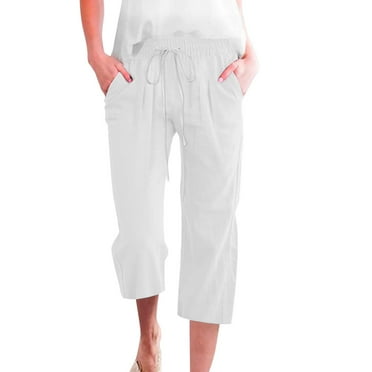 Seductiva Women's Pants Linen Pants Women Summer Wide Leg Capri Pants Drawstring Elastic Waist Pants High Waisted Pants Casual Beach Trousers Business Work Casual Pants