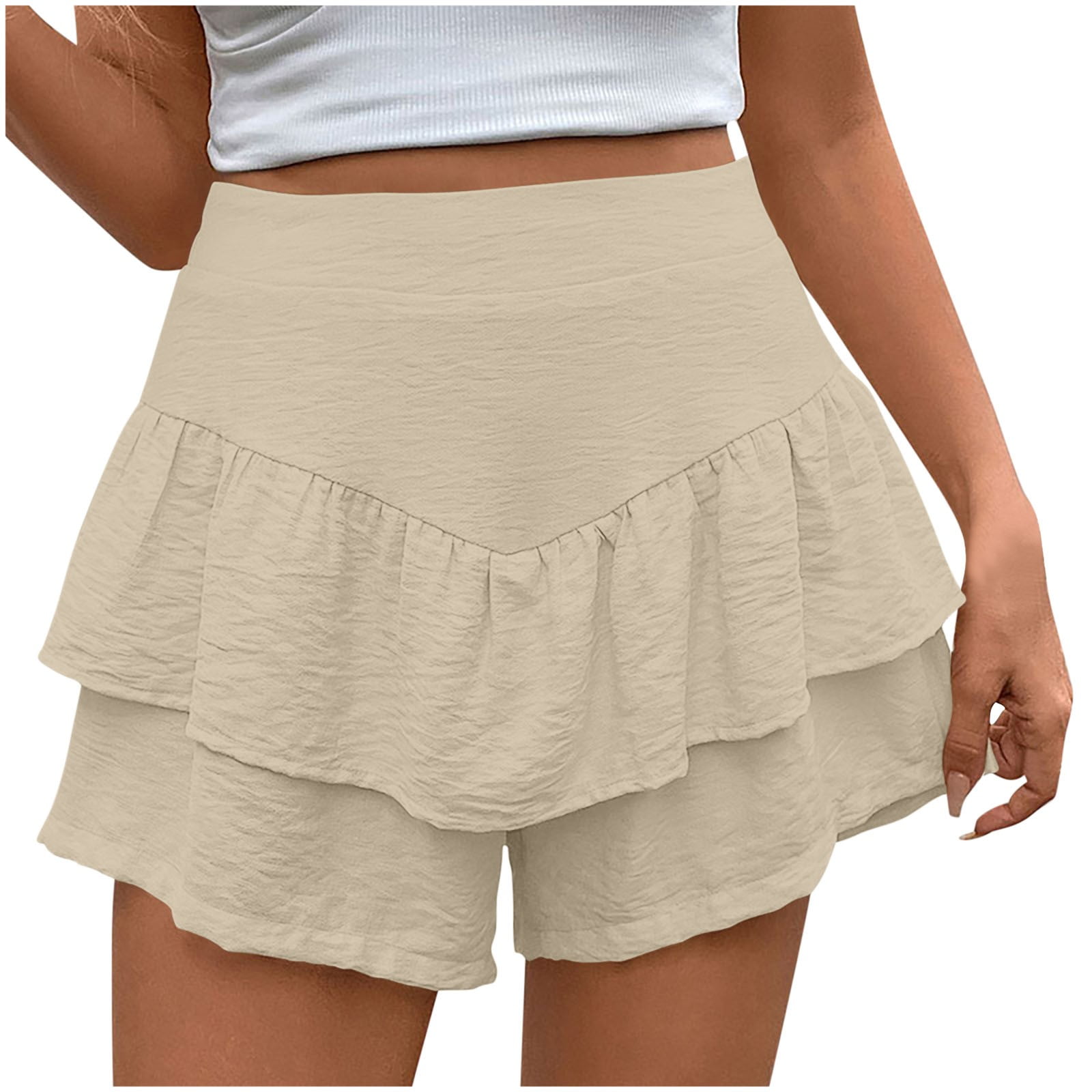 Pantaloncini Corti Con Volant A Strati Per Donna – Vita Alta, Elasticizzati, In Poliestere Riciclato, Nero S/M/L - 5