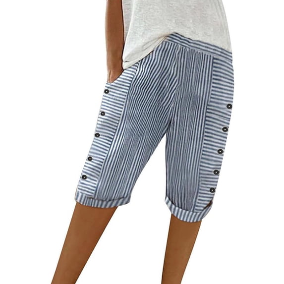 Seductiva Women's Shorts Women's Elastic Waist Striped Casual Short Pants Loose Cotton and Linen Shorts Womens Workout Shorts