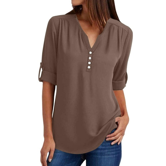 Seductiva Women's Slim-Fit Short Sleeve T-Shirt Long Sleeve Shirts for Women Notched Button Women V Neck Tunic Chiffon Tops Ladies Blouses Casual Spring 2025 Fashion Basic Tees Outfits Workout