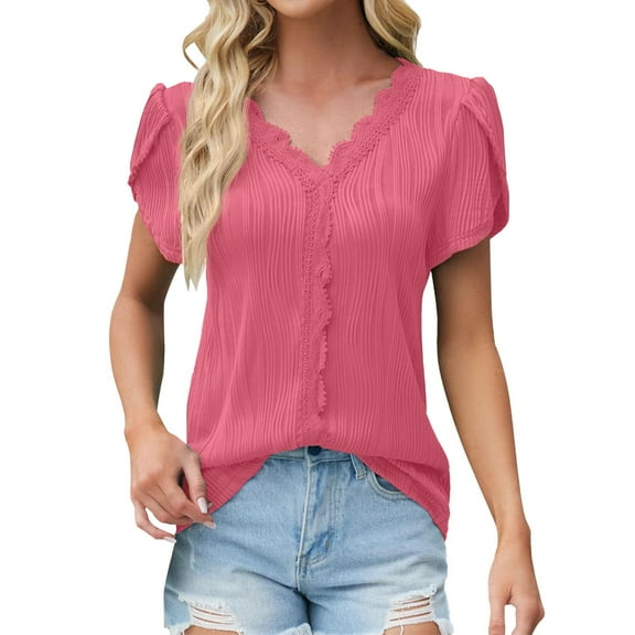 Seductiva Women's Slim-Fit Short Sleeve T-Shirt Women Casual Petal Lace V Neck Summer Fashion Shirt Top Fashion Basic Tees Womens Tops