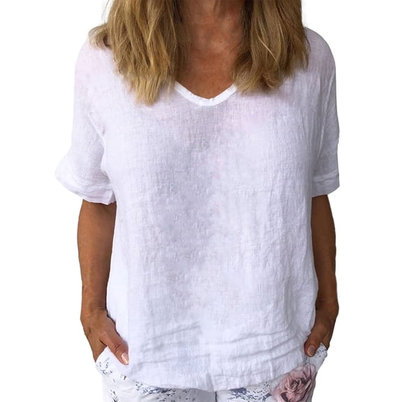 Seductiva Women's Slim-Fit Short Sleeve T-Shirt Women Cotton and Linen Flower Art Short Sleeve V Neck Clause Shirt Fashion Basic Tees Summer Casual Tee Tops