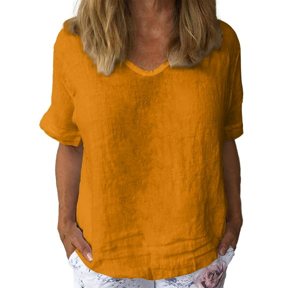 Seductiva Women's Slim-Fit Short Sleeve T-Shirt Women Cotton and Linen Flower Art Short Sleeve V Neck Clause Shirt Fashion Basic Tees Beach Vacation Clothes