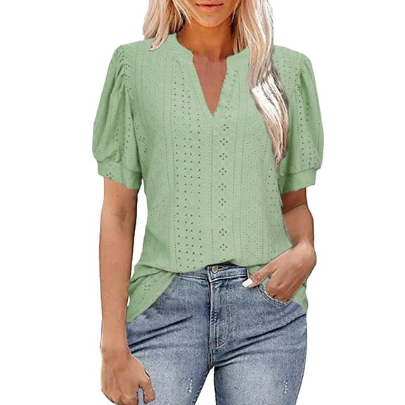 Seductiva Women's Slim-Fit Short Sleeve T-Shirt Women Summer Business Casual Blouses V Neck Short Sleeve Shirts Hollowomen Out Cute Lace Tops Fashion Basic Tees Beach Vacation Clothes