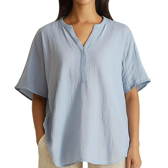 Seductiva Women's Slim-Fit Short Sleeve T-Shirt Women V Neck Linen Shirts Summer Casual Roll Up Long Sleeve Women Work Tunic Tops Loose Fit Oversized Blouses Fashion Basic Tees Summer Casual Tee Tops