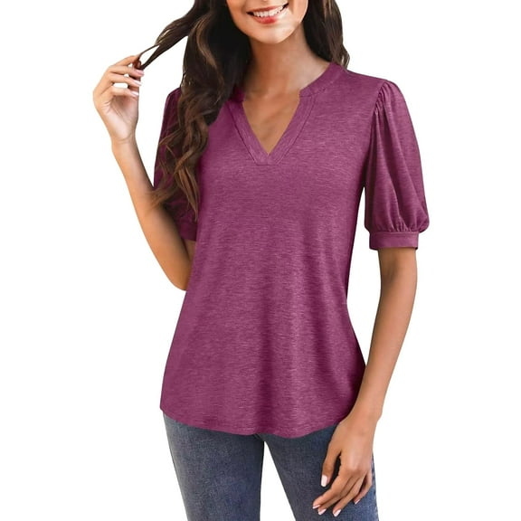 Seductiva Women's Slim-Fit Short Sleeve T-Shirt Women's Casual V Neck Puff Short Sleeve Tops Loose Tunic Blouse Fashion Basic Tees Cute Trendy Blouses