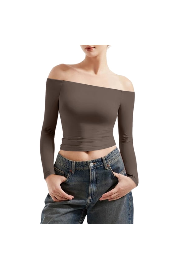 Women's Soft Knit Long Sleeve Tee Long Sleeve off Shoulder Top Women's Y2K Crop Top Basic Long Sleeve Sports T Shirt off Shoulder Gym Top Women Loose Fit Lightweight Tunic Shirts Basic Tees