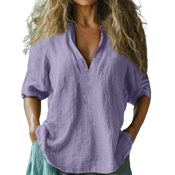 Seductiva Women's Soft Knit Long Sleeve Tee Women Baggy Cotton Linen Tops Stylish Print Blouse for Women Plus Size Long Sleeve V Neck T Shirt Loose Fit Lightweight Tunic Shirts Loose Fit Tees Blouses
