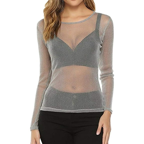 Seductiva Women's Soft Knit Long Sleeve Tee Women Solid See Through Long Sleeve Arm Shaper Top Mesh Shirt Blouse Loose Fit Lightweight Tunic Shirts Trendy Tunic Blouses