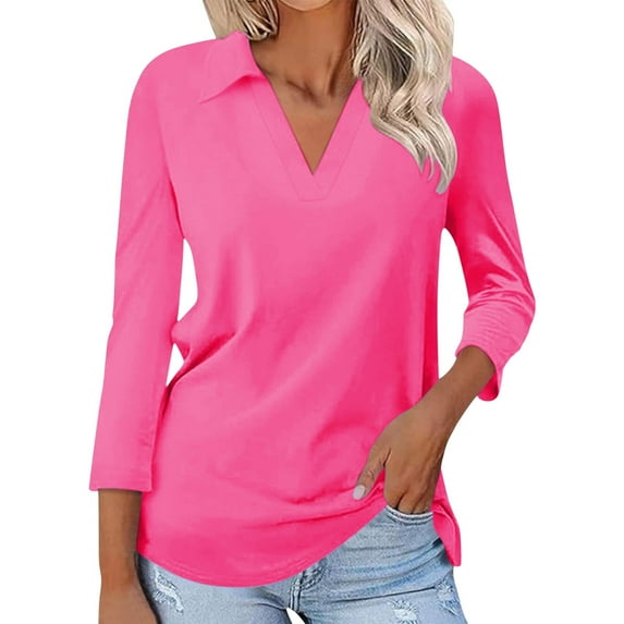 Seductiva Women's Soft Knit Long Sleeve Tee Women's 3/4 Sleeve T Shirts Summer V Neck Shirts Collared Casual Basic Tees Blouse Loose Fit Lightweight Tunic Shirts Fashion Basic Casual