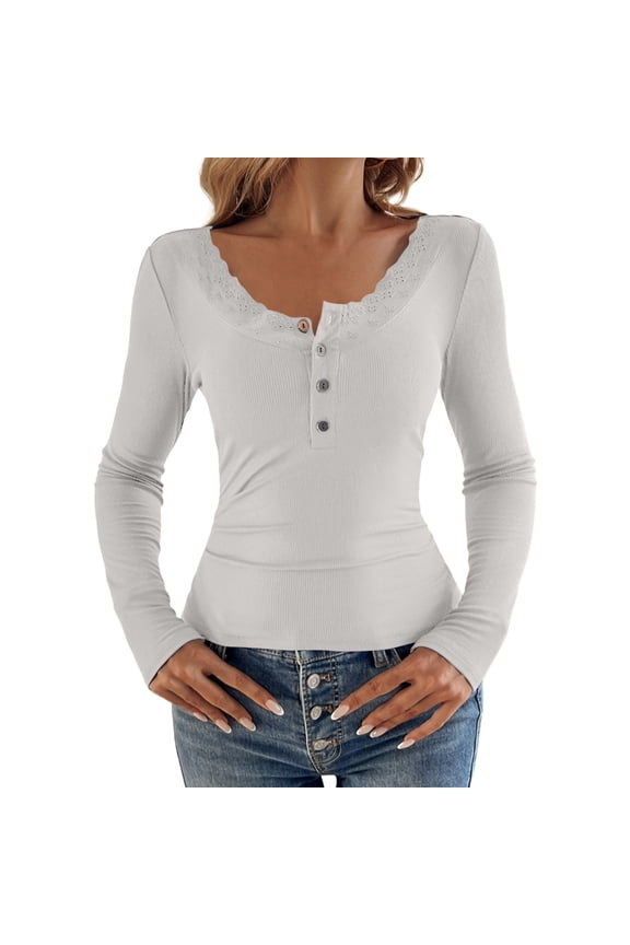 Women's Soft Knit Long Sleeve Tee Y2K Long Sleeve T Shirt Lace Trimmed Open Collar Slim Fit Base Shirt Top for An Y2K Style Loose Fit Lightweight Tunic Shirts Women Shirts Summer