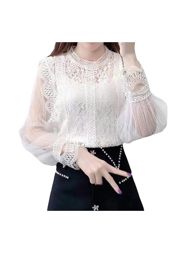 Women's Summer Tops Dressy Casual Women Women's Spring Solid Color Mesh Long Sleeve Bubble Sleeve Round Neck Top Lace Shirt Work Blouse Business Casual Shirts Loose Fit Tees Blouses
