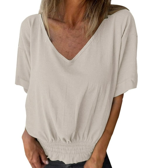 Seductiva Women's T-Shirts Short Sleeve Summer Tops Summer Newomen Loose T Shirt for Women V Neck Casual Cotton and Linen Blouse Women Casual Summer Tops Trendy Solid Loose Fit Tshirt Basic Tees