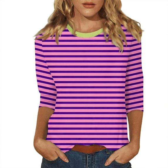 Seductiva Women's T-Shirts Short Sleeve Summer Tops Tops for Women Casual Summer Tops Three Quarter Sleeve Round Neck Tee T Shirt Printed Loose Side Split Tunic Blouse Loose Fit Tshirt Summer Tops