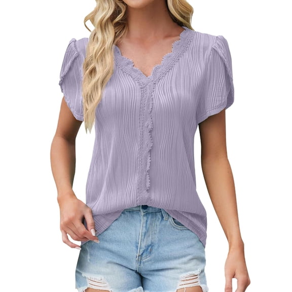 Seductiva Women's T-Shirts Short Sleeve Summer Tops Women Casual Petal Lace V Neck Summer Fashion Shirt Top Casual Summer Tops Trendy Solid Loose Fit Tshirt Lightweight Soft