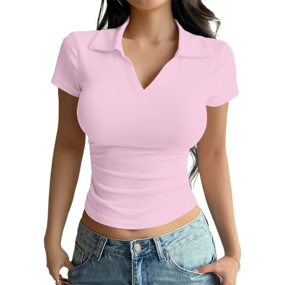 Seductiva Women's T-Shirts Short Sleeve Summer Tops Women Short Sleeve Business Casual Tops V Neck Women Work Shirts 2025 Basic Collared Shirt Casual Summer Tops Trendy Solid Loose Fit Tshirt