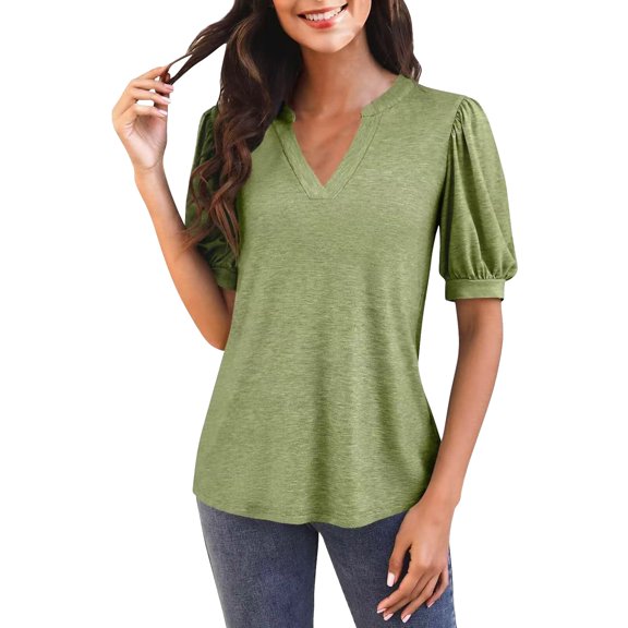 Seductiva Women's T-Shirts Short Sleeve Summer Tops Women's Casual V Neck Puff Short Sleeve Tops Loose Tunic Blouse Casual Summer Tops Trendy Solid Loose Fit Tshirt Casual Business Blouses