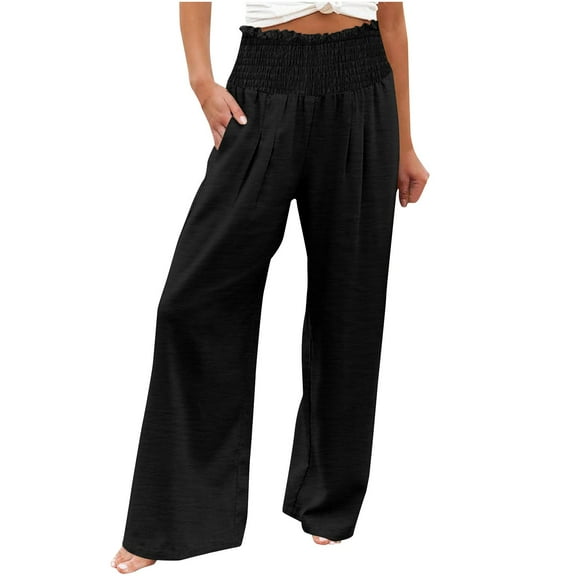 Seductiva Women's Wide Leg Pants High Waist Wide Leg Palazzo Pants for Women Smocked Elastic Waist Loose Comfy Casual Pajama Pants Pockets Beach Pants Loose Fit