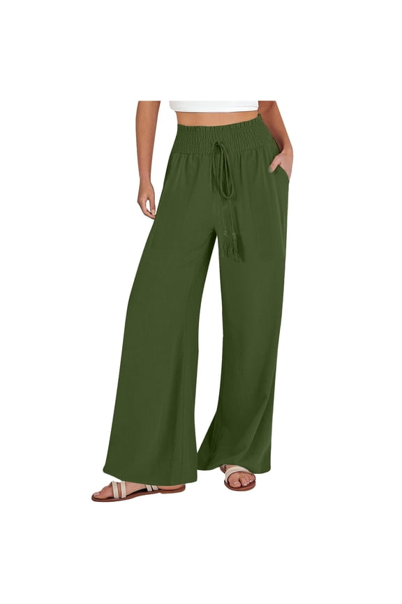 Seductiva Women's Wide Leg Pants Linen Pants Women Summer Wide Leg Pants Drawstring Elastic Waist Pants High Waisted Pants Casual Beach Trousers Beach Pants Loose Fit