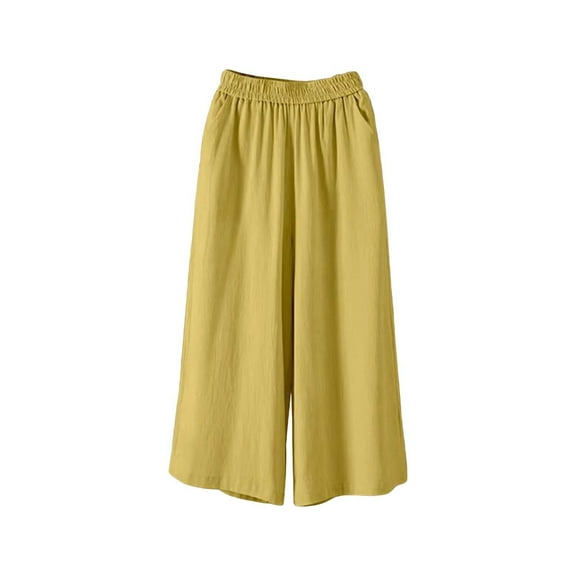 Seductiva Women's Wide Leg Pants Women's Fashion Casual Cotton and Linen Wide Leg Pants Solid Color Large Size Loose Elastic Waist Cropped Pants Beach Pants Loose Fit