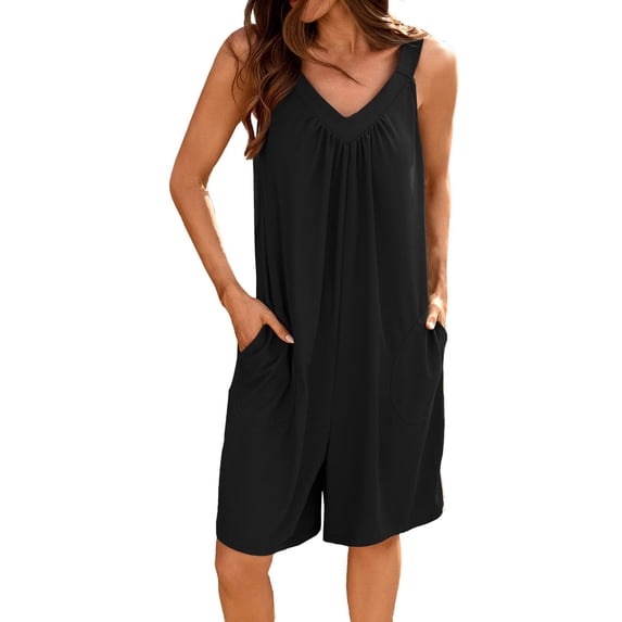 Seductiva Women's Wide Leg Pants Women's Summer Fashionable Casual Solid Color V Neck Loose Pocket Sleeveless Shorts Jumpsuit Beach Pants Loose Fit 1PC