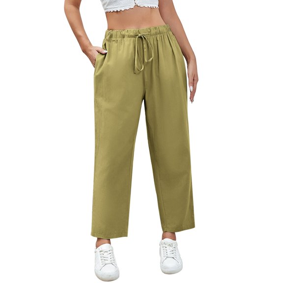 Seductiva Women's Wide Leg Pants Womens Casual Cotton Linen Pants Lightweight Elastic Waist Cropped Pants Plus Size Solid Trousers Beach Pants Loose Fit