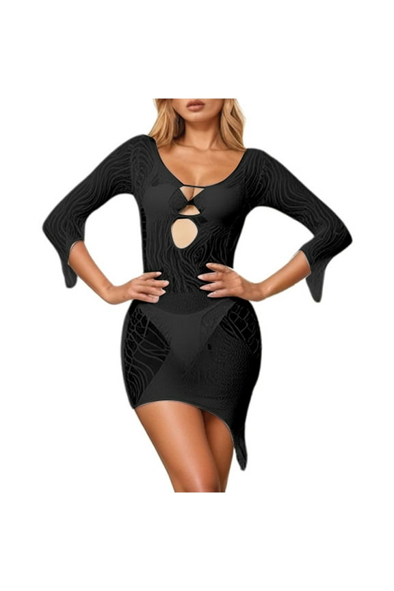 Seductive Bodycon Lingerie Mini Dress Mesh Cover Up for Women Stylish Fishnet Nightwear with Long Sleeve Cut Outs for Parties and Beachwear