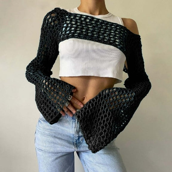 "Seductive Round Neck Solid Color Hollow Out Knit Sweater Long Sleeve Cover Up Top For Women" Self Harm Cover up Womens plus Size Cover Ups for Swimwear Net Cover up Swimwear Kimono Cover up Short