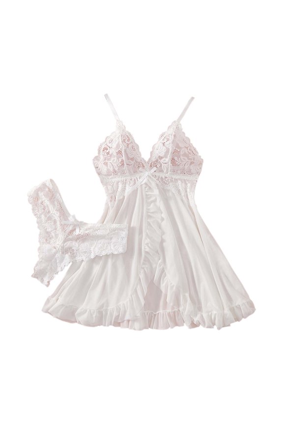 Women's Lace Trim Sleep Set with Bow Detail and Open Back Design for Alluring Nightwear Experience