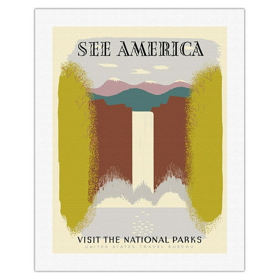 See America - Visit the National Parks - Waterfall - Vintage Travel Poster by Harry Herzog c.1940 - Fine Art Rolled Canvas Print 20in x 26in