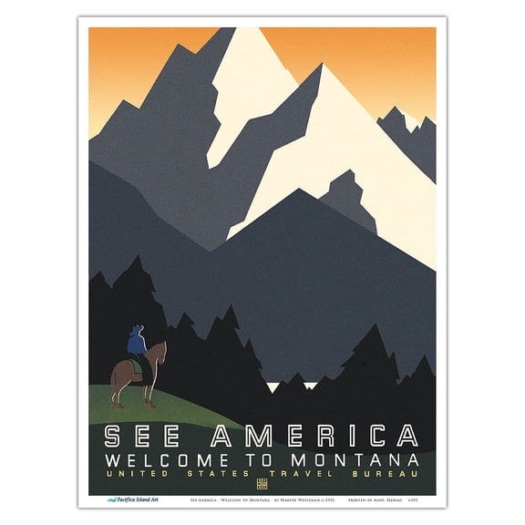 See America Welcome to Montana - Vintage Travel Poster by Martin Weitzman c.1936 - Master Art Print (Unframed) 9in x 12in