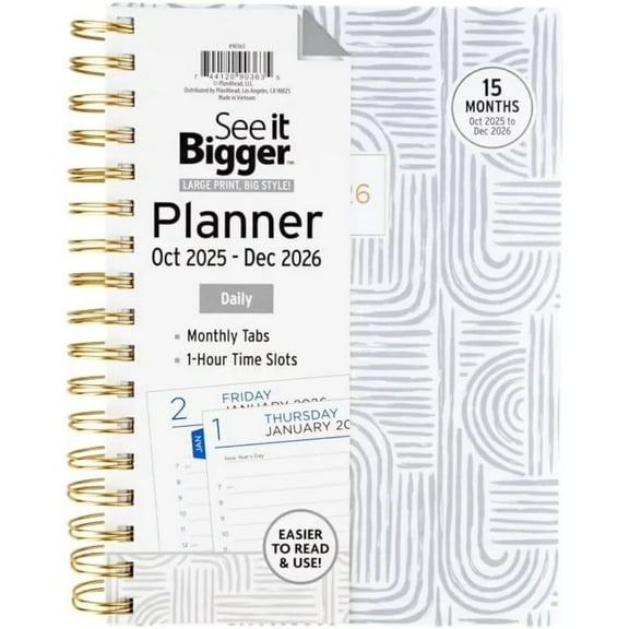 See it Bigger Daily Dated Planner - 7" x 8.75" Large Print, White and Gray - Hourly Appointment Slots, Monthly Tabs, Lay-Flat Design, Holiday Listings & Yearly Reference, Daily Organizer
