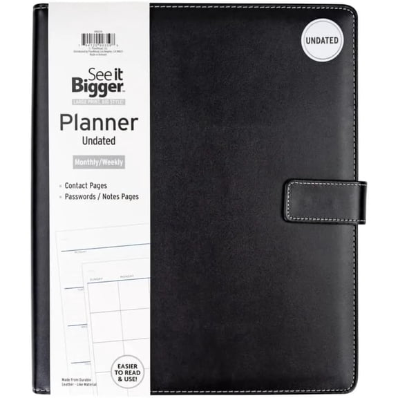 See It Bigger Large 15-Month Padfolio Undated Planner – Black 11.75"x10" Monthly & Weekly Dated Organizer with Removable Lined Notebook, Interior Pockets, and Large Print for Work & Personal Use